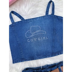 Conjunto Infantil Blusa e Short Jeans Boiadeira Casual