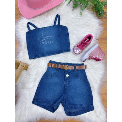 Conjunto Infantil Blusa e Short Jeans Boiadeira Casual