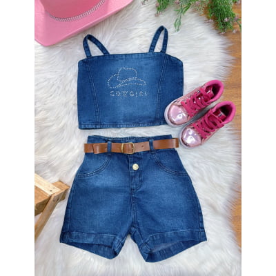 Conjunto Infantil Blusa e Short Jeans Boiadeira Casual