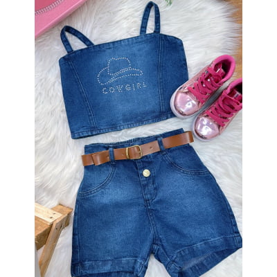 Conjunto Infantil Blusa e Short Jeans Boiadeira Casual