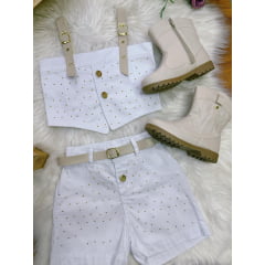 Conjunto Infantil Blusa e Short Sarja Branco Boiadeira Casual