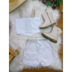 Conjunto Infantil Blusa e Short Sarja Branco Boiadeira Casual