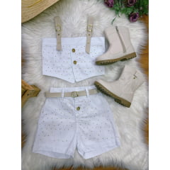 Conjunto Infantil Blusa e Short Sarja Branco Boiadeira Casual