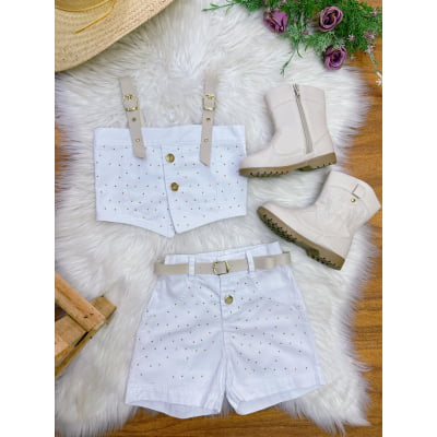 Conjunto Infantil Blusa e Short Sarja Branco Boiadeira Casual