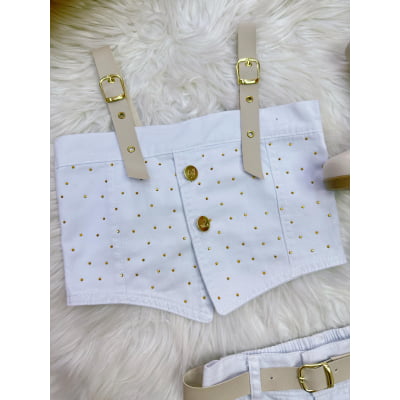 Conjunto Infantil Blusa e Short Sarja Branco Boiadeira Casual