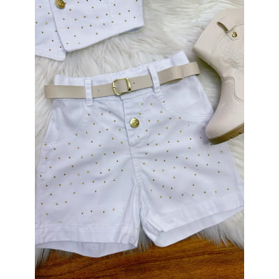 Conjunto Infantil Blusa e Short Sarja Branco Boiadeira Casual