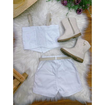 Conjunto Infantil Blusa e Short Sarja Branco Boiadeira Casual
