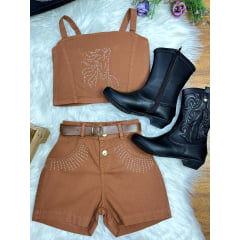 Conjunto Infantil Blusa e Short Sarja Marrom Boiadeira Casual