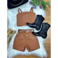 Conjunto Infantil Blusa e Short Sarja Marrom Boiadeira Casual
