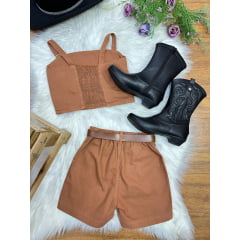 Conjunto Infantil Blusa e Short Sarja Marrom Boiadeira Casual