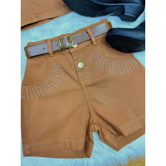 Conjunto Infantil Blusa e Short Sarja Marrom Boiadeira Casual