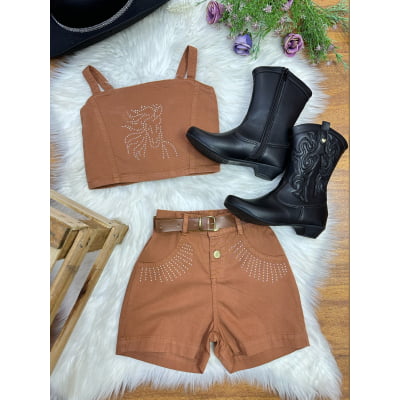 Conjunto Infantil Blusa e Short Sarja Marrom Boiadeira Casual