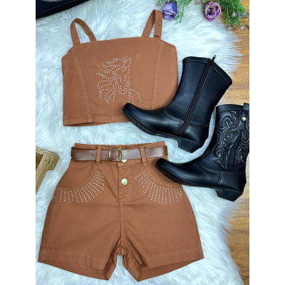 Conjunto Infantil Blusa e Short Sarja Marrom Boiadeira Casual