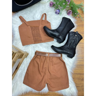 Conjunto Infantil Blusa e Short Sarja Marrom Boiadeira Casual