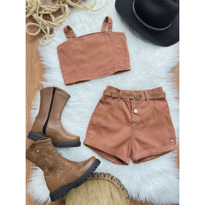 Conjunto Infantil Blusa e Short Sarja Marron Casual Boiadeira