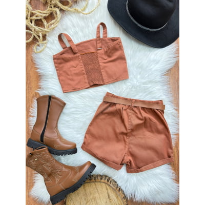 Conjunto Infantil Blusa e Short Sarja Marron Casual Boiadeira