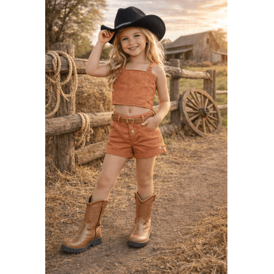 Conjunto Infantil Blusa e Short Sarja Marron Casual Boiadeira