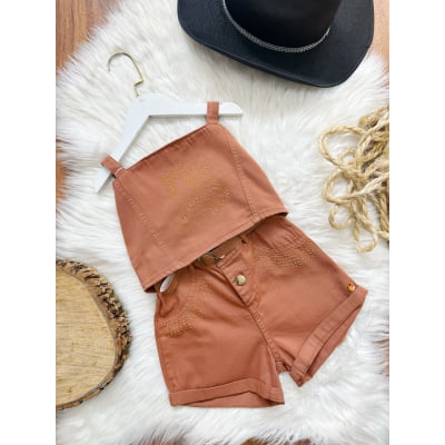 Conjunto Infantil Blusa e Short Sarja Marron Casual Boiadeira