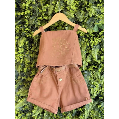 Conjunto Infantil Blusa e Short Sarja Marron Casual Boiadeira