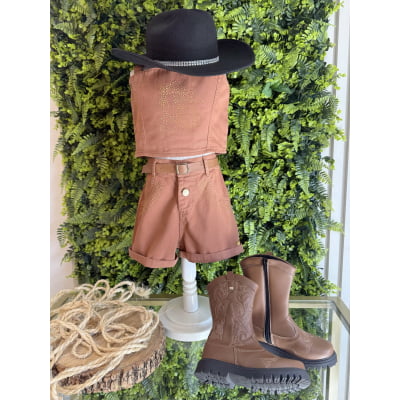 Conjunto Infantil Blusa e Short Sarja Marron Casual Boiadeira