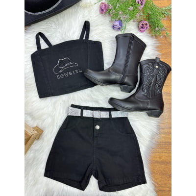 Conjunto Infantil Blusa e Short Sarja Preto Boiadeira Casual