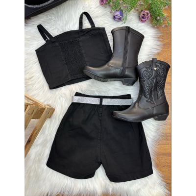 Conjunto Infantil Blusa e Short Sarja Preto Boiadeira Casual