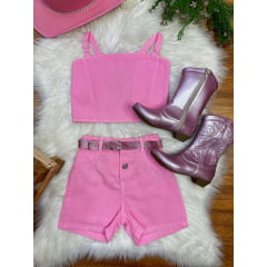 Conjunto Infantil Blusa e Short Sarja Rosa Boiadeira Casual