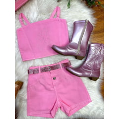 Conjunto Infantil Blusa e Short Sarja Rosa Boiadeira Casual