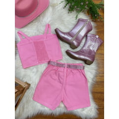 Conjunto Infantil Blusa e Short Sarja Rosa Boiadeira Casual