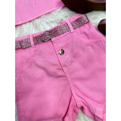 Conjunto Infantil Blusa e Short Sarja Rosa Boiadeira Casual