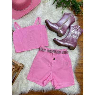 Conjunto Infantil Blusa e Short Sarja Rosa Boiadeira Casual
