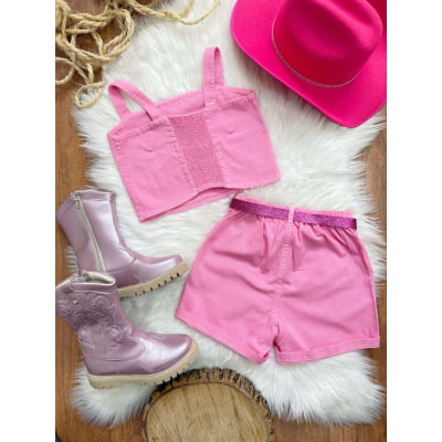 Conjunto Infantil Blusa e Short Sarja Rosa Chiclete Boiadeira Casual