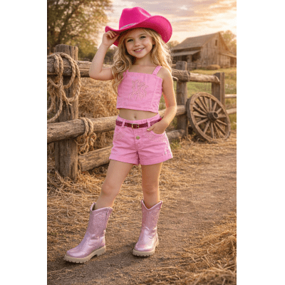 Conjunto Infantil Blusa e Short Sarja Rosa Chiclete Boiadeira Casual