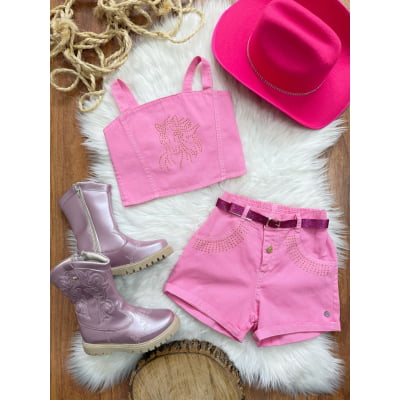 Conjunto Infantil Blusa e Short Sarja Rosa Chiclete Boiadeira Casual