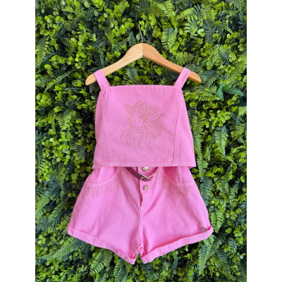 Conjunto Infantil Blusa e Short Sarja Rosa Chiclete Boiadeira Casual