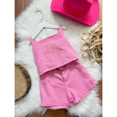 Conjunto Infantil Blusa e Short Sarja Rosa Chiclete Boiadeira Casual