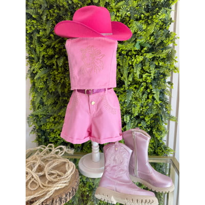 Conjunto Infantil Blusa e Short Sarja Rosa Chiclete Boiadeira Casual