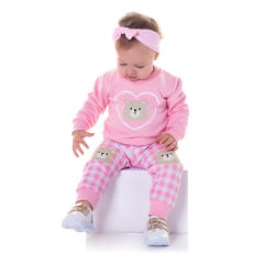 Conjunto Infantil Blusa Moletom Calça Legging Rosa Ursinho