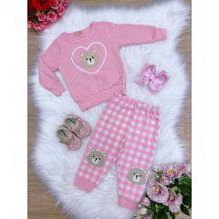Conjunto Infantil Blusa Moletom Calça Legging Rosa Ursinho
