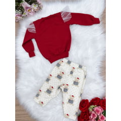 Conjunto Infantil Blusa Moletom Vermelha Calça Legging Bege