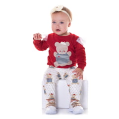 Conjunto Infantil Blusa Moletom Vermelha Calça Legging Bege