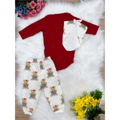 Conjunto Infantil Body Cotton Vermelha Calça Marfim Malha