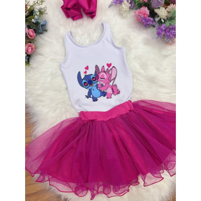 Conjunto Infantil Body e Saia Pink Lilo Stitch e Angel
