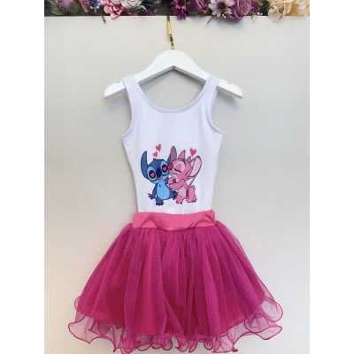 Conjunto Infantil Body e Saia Pink Lilo Stitch e Angel