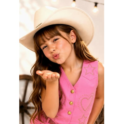 Conjunto Infantil Sarja Rosa Colete e Short C/ Cinto Boiadeira Country