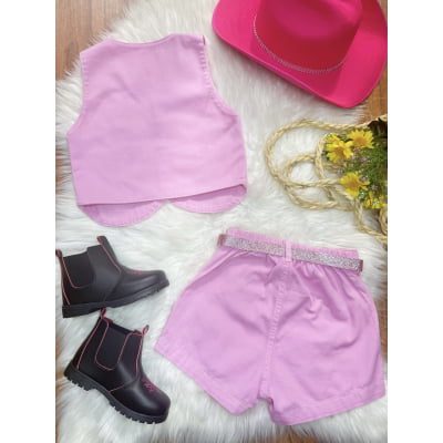 Conjunto Infantil Sarja Rosa Colete e Short C/ Cinto Boiadeira Country
