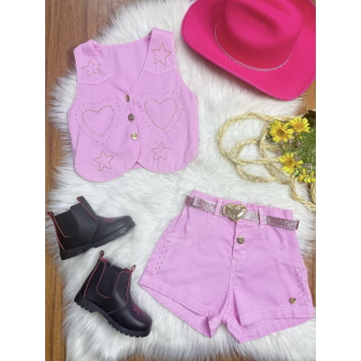 Conjunto Infantil Sarja Rosa Colete e Short C/ Cinto Boiadeira Country