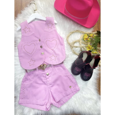 Conjunto Infantil Sarja Rosa Colete e Short C/ Cinto Boiadeira Country
