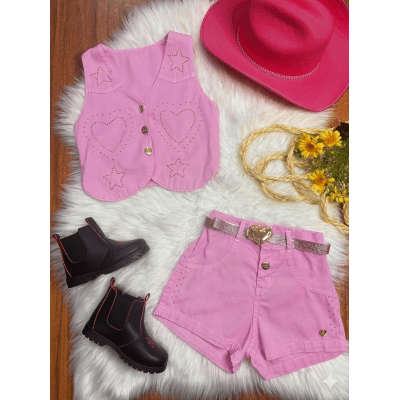 Conjunto Infantil Sarja Rosa Colete e Short C/ Cinto Boiadeira Country