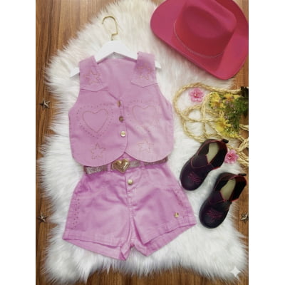Conjunto Infantil Sarja Rosa Colete e Short C/ Cinto Boiadeira Country